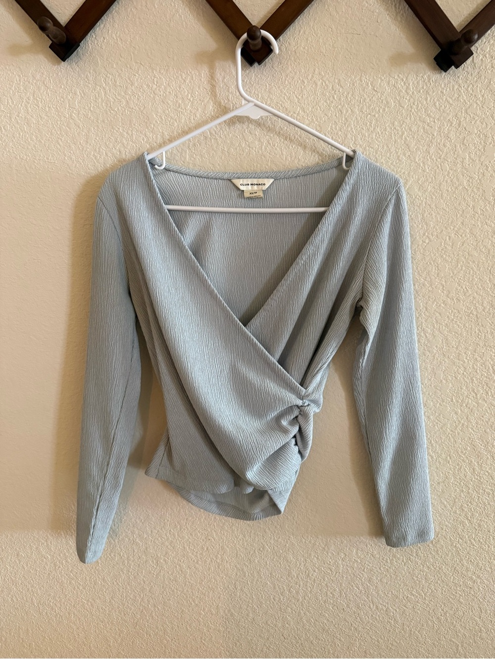 Club Monaco Pale Blue Faux Wrap-Front Long Sleeve Blouse